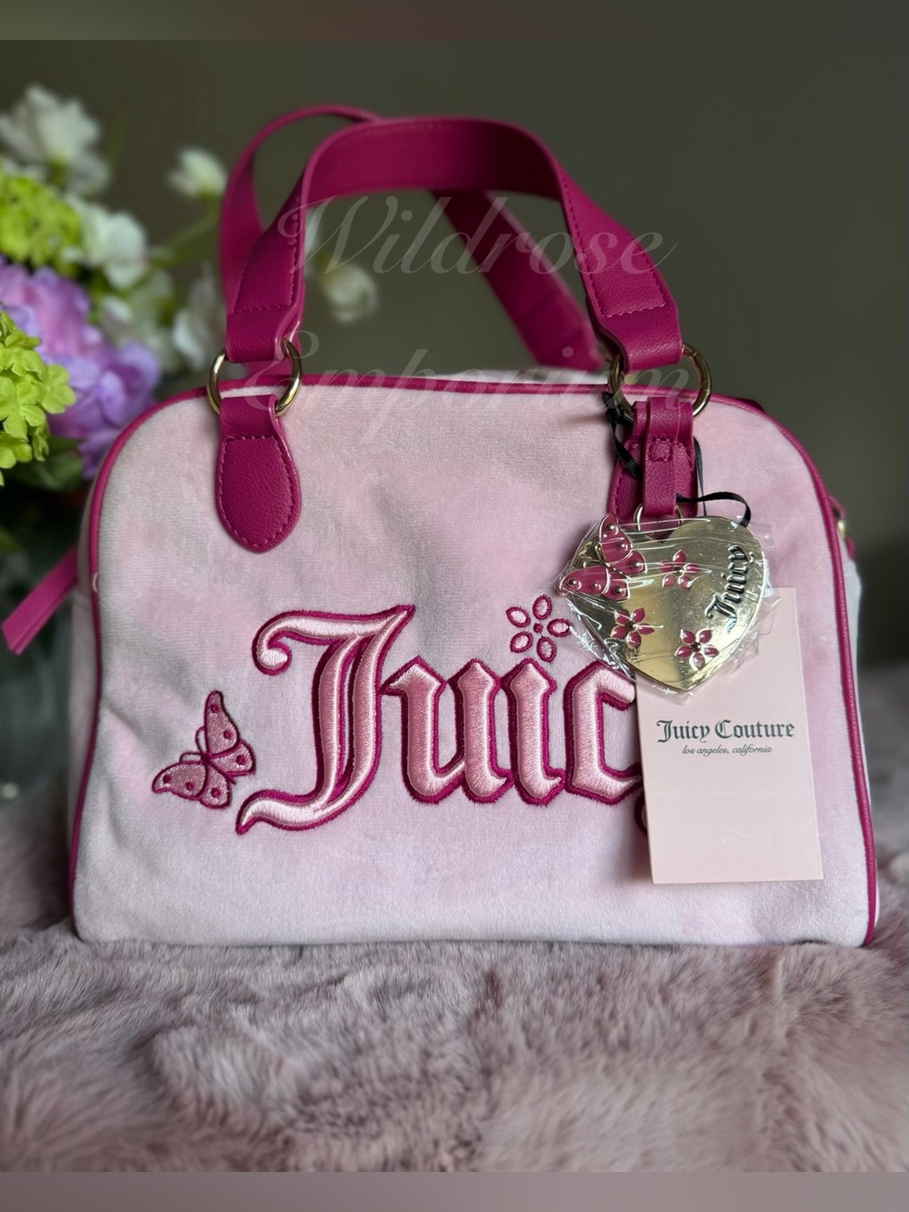 Juicy Couture pink Flamingo Juicy In The Sky butterfly flower satchel bag NEW